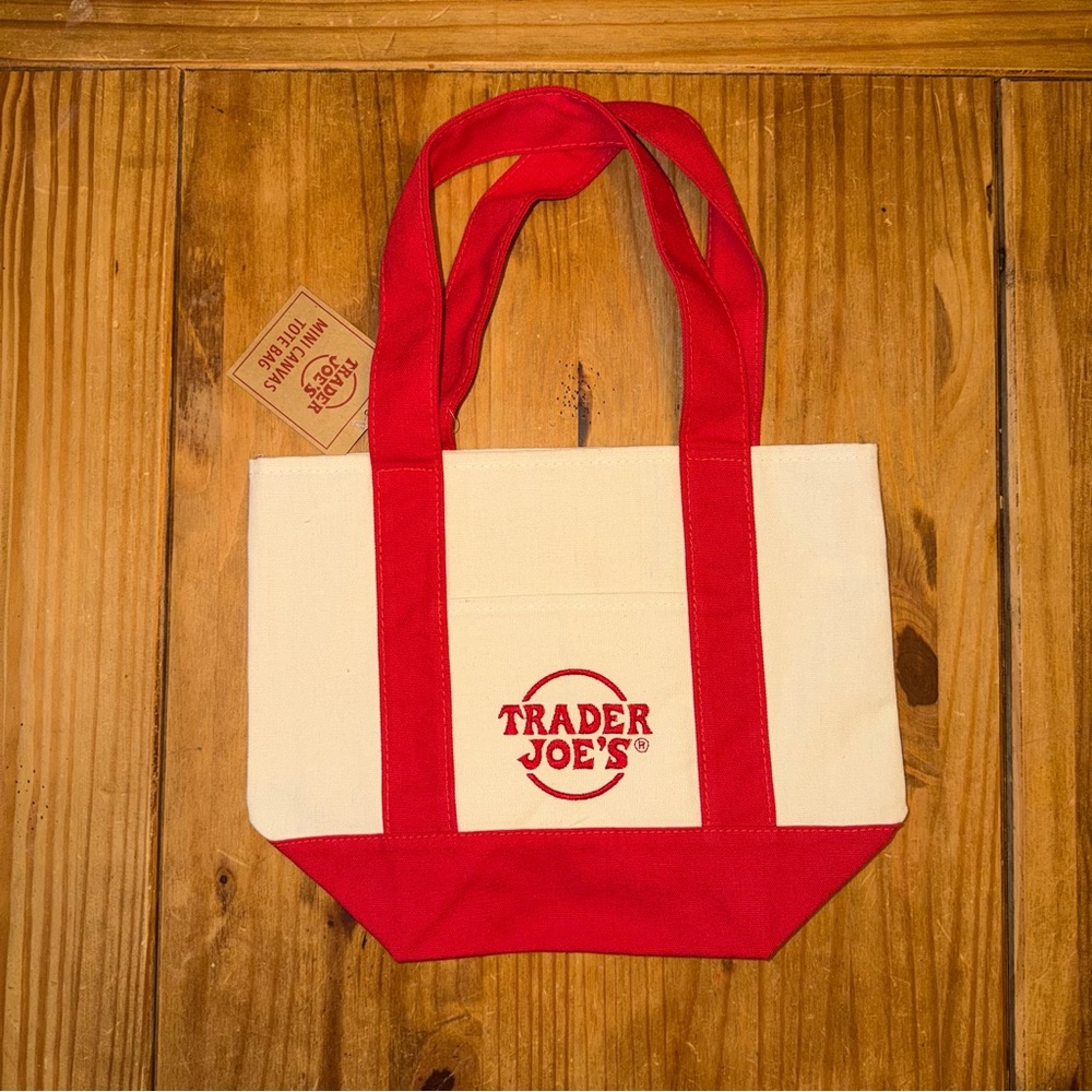 MINI NWT Trader Joe’s Mini Canvas Reusable Tote Bag - Cream with Red Straps - Picture 8 of 10